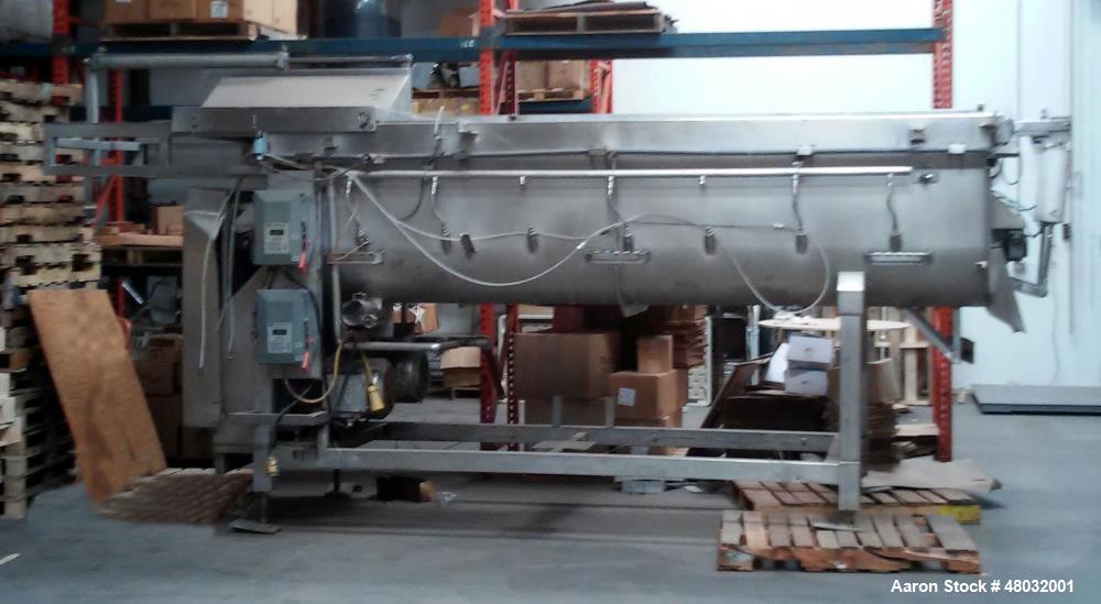 Used CSE Twin Shaft Paddle Mixer. 104 cubic foot working capacity. Heavy duty, stainless steel construction. 17' 8" x 5" x 8 4", total weight: 6,000 lbs. Sliding partial cover arrangement that cantil...