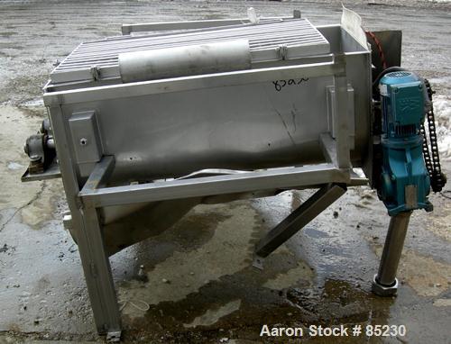USED: Twin Shaft Paddle Mixer, 15 cubic feet working capacity, 304 stainless steel. Non-jacketed trough 25" wide x 48" long x approximately 19" deep. 3" diameter shaft with (10) 5" wide x 2-1/2" tall...
