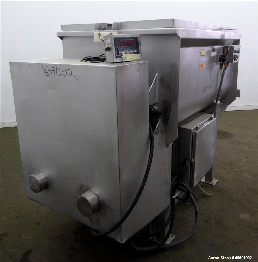 Used American Food Equipment Company Twin Shaft Paddle Mixer, Model 510, Capacity 1,500 lbs (approximate 40 cubic feet), 304 Stainless Steel. Non-jacketed trough 60" long x 36-1/2" wide x 30" deep. (...