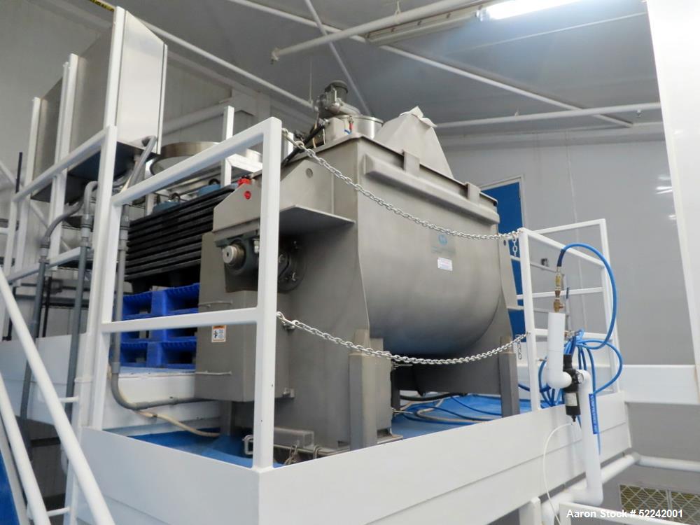 Used A&J Phlauer High Performance Single Shaft Paddle Mixer, Model AJSP304SPSW, Stainless Steel. Approximate 15 cubic feet capacity, hindged top cover, welded paddles, outboard roller bearings, end b...