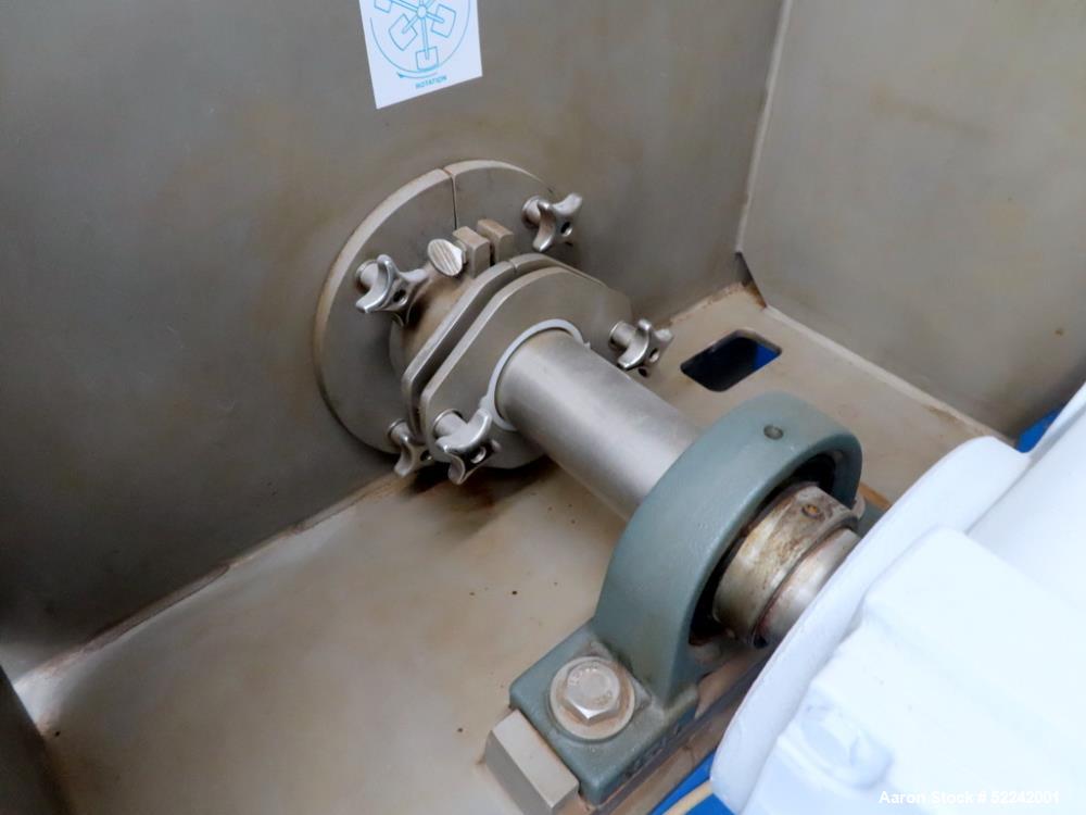 Used A&J Phlauer High Performance Single Shaft Paddle Mixer, Model AJSP304SPSW, Stainless Steel. Approximate 15 cubic feet capacity, hindged top cover, welded paddles, outboard roller bearings, end b...