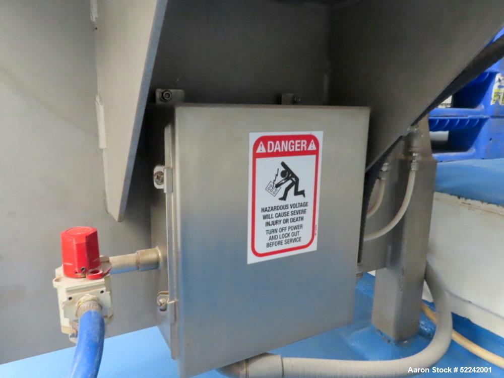 Used A&J Phlauer High Performance Single Shaft Paddle Mixer, Model AJSP304SPSW, Stainless Steel. Approximate 15 cubic feet capacity, hindged top cover, welded paddles, outboard roller bearings, end b...