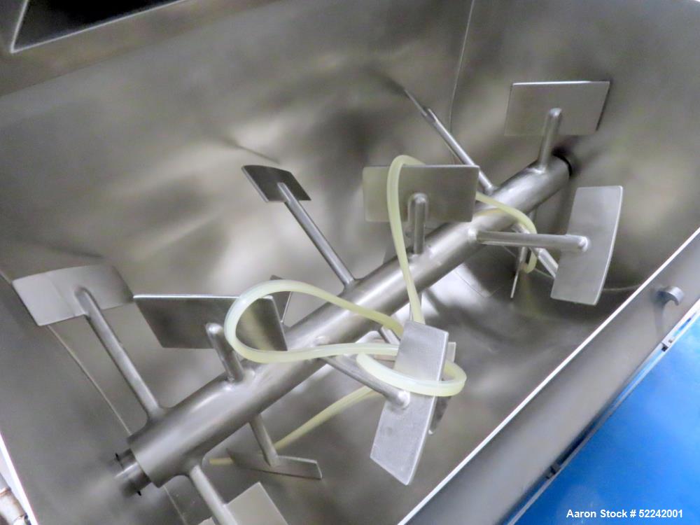 Used A&J Phlauer High Performance Single Shaft Paddle Mixer, Model AJSP304SPSW, Stainless Steel. Approximate 15 cubic feet capacity, hindged top cover, welded paddles, outboard roller bearings, end b...