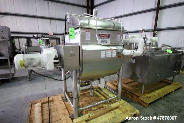 Used APV Crepaco Blender.  Aprox. 20 Cubic Ft., Jacketed Trough, Dual Wing Mixing Blade, 75 PSI @ 350 F, -20 F @ 75 PSI, Sprayball, Agitation Motor, Tri-Clover Air Valve, Hinged Top Cover, Mounted on...