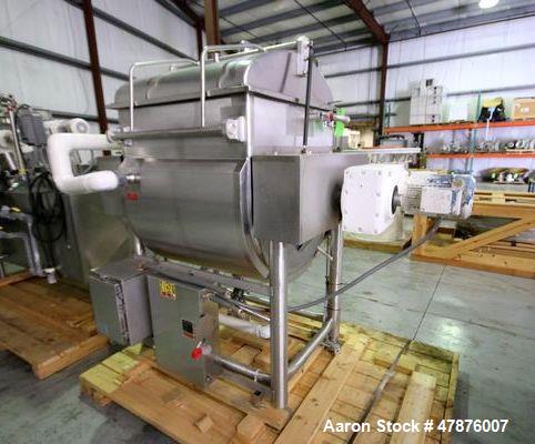 Used APV Crepaco Blender.  Aprox. 20 Cubic Ft., Jacketed Trough, Dual Wing Mixing Blade, 75 PSI @ 350 F, -20 F @ 75 PSI, Sprayball, Agitation Motor, Tri-Clover Air Valve, Hinged Top Cover, Mounted on...