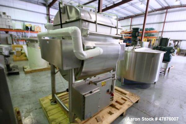 Used APV Crepaco Blender.  Aprox. 20 Cubic Ft., Jacketed Trough, Dual Wing Mixing Blade, 75 PSI @ 350 F, -20 F @ 75 PSI, Sprayball, Agitation Motor, Tri-Clover Air Valve, Hinged Top Cover, Mounted on...