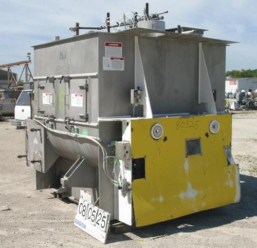 USED: American Process Forberg twin shaft fluidizer, model FZM-88.8. 88.3 cubic feet working capacity, 304 stainless steel. Non-jacketed trough 78" x 91-1/2" x approximately 70" deep. (2) 6" diameter...