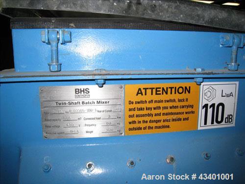Used BHS Twin Shaft Batch Mixer.  It has a 60 liter capacity in the hopper and is stainless steel.  Footprint is 3' x 3' and 5' high.  It has a VFD inside a control panel and manual.  The mixer is 3 ...