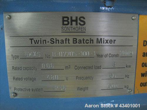 Used BHS Twin Shaft Batch Mixer.  It has a 60 liter capacity in the hopper and is stainless steel.  Footprint is 3' x 3' and 5' high.  It has a VFD inside a control panel and manual.  The mixer is 3 ...