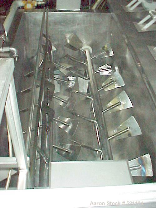 USED: Blonco paddle mixer, stainless steel construction, approximately 10,000 lb capacity. Inside trough dimensions 70" wide x 142" long x 47" deep. Dual shaft paddle agitators, (2) 40 hp motors. 220...
