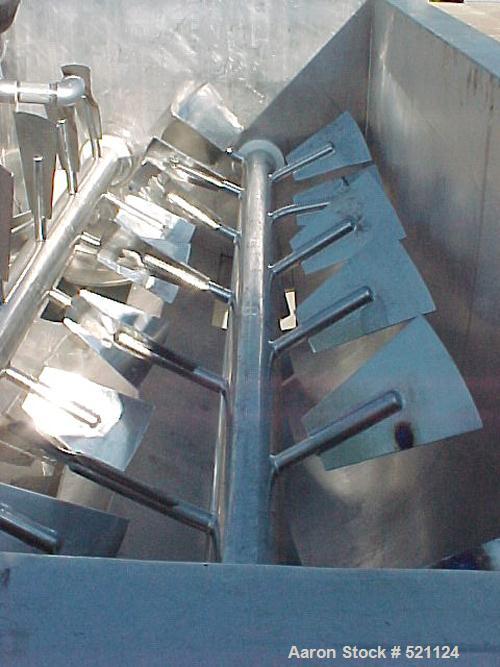 USED: Blonco paddle mixer, stainless steel construction, approximately 10,000 lb capacity. Inside trough dimensions 70" wide x 142" long x 47" deep. Dual shaft paddle agitators, (2) 40 hp motors. 220...