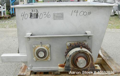 Used Custom Metalcraft Dual Shaft Paddle Mixer, 15 cubic feet, model DRB-15, 304 stainless steel. Dimpled jacketed tapered trough 39'' wide x 48'' long x 25'' deep. (10) approximately 4 1/2'' wide x ...