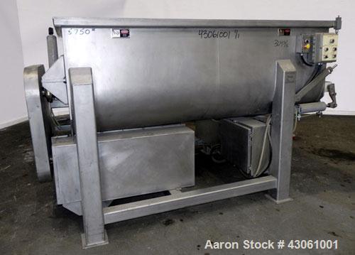 Used Custom Metalcraft Dual Shaft Paddle Mixer, 90 Cubic Feet (4000 Pounds), Model DRB-4000LB, 304 Stainless Steel. Non-jacketed trough 58-1/4" wide x 95-1/2" long x approximately 25" deep. (2) 4-1/4...