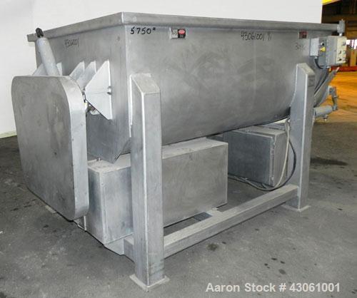 Used Custom Metalcraft Dual Shaft Paddle Mixer, 90 Cubic Feet (4000 Pounds), Model DRB-4000LB, 304 Stainless Steel. Non-jacketed trough 58-1/4" wide x 95-1/2" long x approximately 25" deep. (2) 4-1/4...