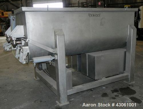 Used Custom Metalcraft Dual Shaft Paddle Mixer, 90 Cubic Feet (4000 Pounds), Model DRB-4000LB, 304 Stainless Steel. Non-jacketed trough 58-1/4" wide x 95-1/2" long x approximately 25" deep. (2) 4-1/4...
