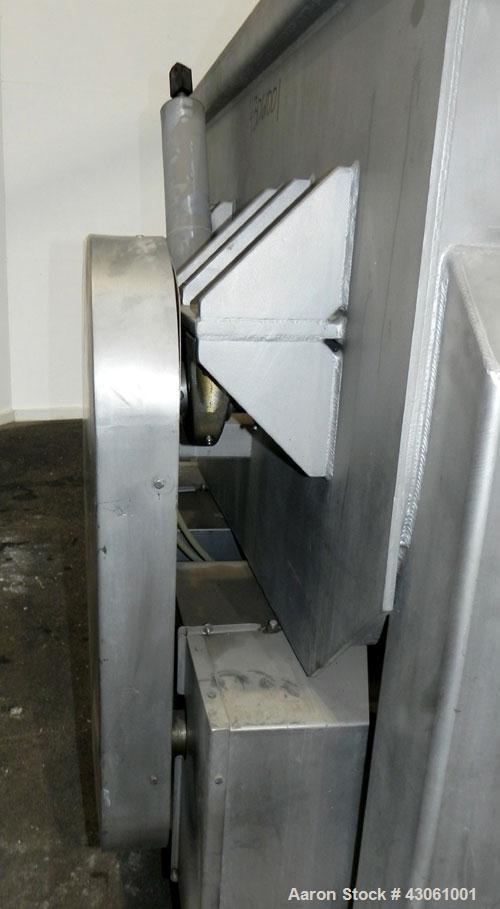 Used Custom Metalcraft Dual Shaft Paddle Mixer, 90 Cubic Feet (4000 Pounds), Model DRB-4000LB, 304 Stainless Steel. Non-jacketed trough 58-1/4" wide x 95-1/2" long x approximately 25" deep. (2) 4-1/4...