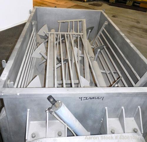 Used Custom Metalcraft Dual Shaft Paddle Mixer, 90 Cubic Feet (4000 Pounds), Model DRB-4000LB, 304 Stainless Steel. Non-jacketed trough 58-1/4" wide x 95-1/2" long x approximately 25" deep. (2) 4-1/4...