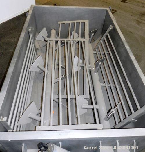 Used Custom Metalcraft Dual Shaft Paddle Mixer, 90 Cubic Feet (4000 Pounds), Model DRB-4000LB, 304 Stainless Steel. Non-jacketed trough 58-1/4" wide x 95-1/2" long x approximately 25" deep. (2) 4-1/4...