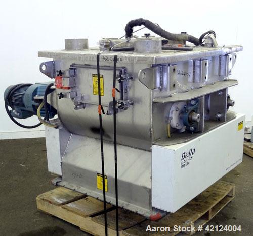 Used Dynamic Air Bella Twin Shaft Fluidized Zone Mixer, "Forberg Type" Model B-200-XN, 7.06 Cubic Feet Capacity, 316 Stainless Steel. Non-Jacketed trough 43.69" x 33.50". (2) 3'' Diameter shafts, 6-3...