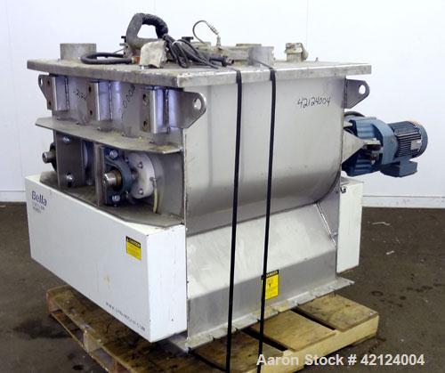 Used Dynamic Air Bella Twin Shaft Fluidized Zone Mixer, "Forberg Type" Model B-200-XN, 7.06 Cubic Feet Capacity, 316 Stainless Steel. Non-Jacketed trough 43.69" x 33.50". (2) 3'' Diameter shafts, 6-3...