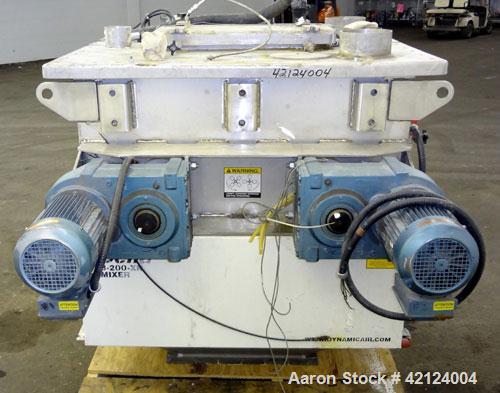 Used Dynamic Air Bella Twin Shaft Fluidized Zone Mixer, "Forberg Type" Model B-200-XN, 7.06 Cubic Feet Capacity, 316 Stainless Steel. Non-Jacketed trough 43.69" x 33.50". (2) 3'' Diameter shafts, 6-3...