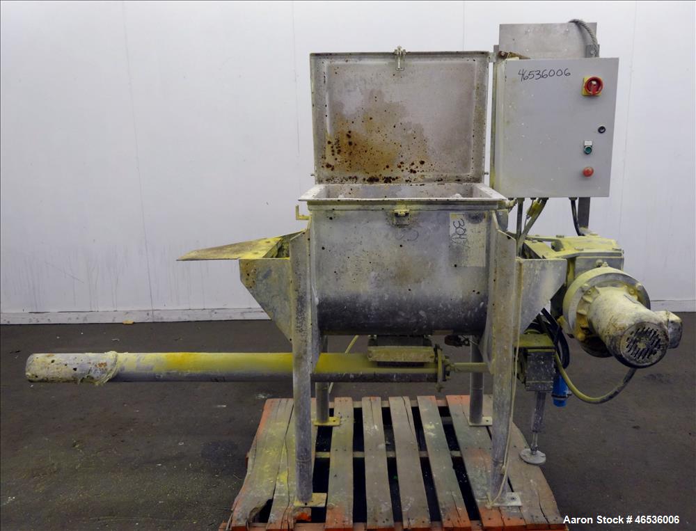 Used Marion Paddle Mixer, Model FPS1824, 304 Stainless Steel. Working capacity 4 cubic feet, maximum 110 rpm. Non-jacketed trough 18" wide x 24" long x 22" deep, 2-1/4" diameter shaft with 4 welded-o...