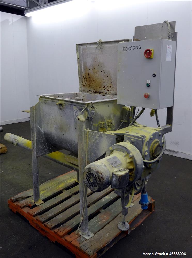 Used Marion Paddle Mixer, Model FPS1824, 304 Stainless Steel. Working capacity 4 cubic feet, maximum 110 rpm. Non-jacketed trough 18" wide x 24" long x 22" deep, 2-1/4" diameter shaft with 4 welded-o...