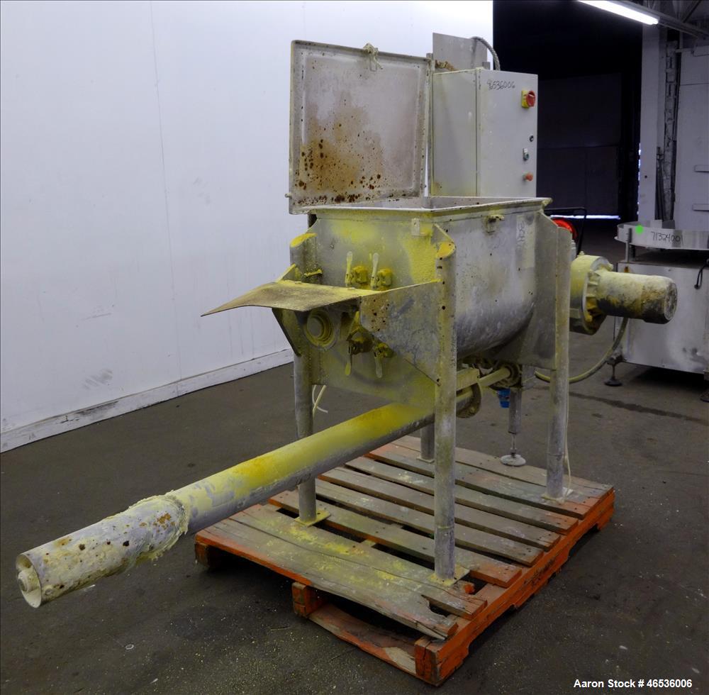 Used Marion Paddle Mixer, Model FPS1824, 304 Stainless Steel. Working capacity 4 cubic feet, maximum 110 rpm. Non-jacketed trough 18" wide x 24" long x 22" deep, 2-1/4" diameter shaft with 4 welded-o...