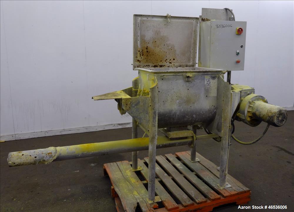 Used Marion Paddle Mixer, Model FPS1824, 304 Stainless Steel. Working capacity 4 cubic feet, maximum 110 rpm. Non-jacketed trough 18" wide x 24" long x 22" deep, 2-1/4" diameter shaft with 4 welded-o...