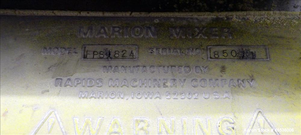 Used Marion Paddle Mixer, Model FPS1824, 304 Stainless Steel. Working capacity 4 cubic feet, maximum 110 rpm. Non-jacketed trough 18" wide x 24" long x 22" deep, 2-1/4" diameter shaft with 4 welded-o...