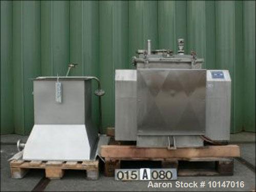 Used Forberg Paddle Mixer, Type F-60. Double shaft, 316 stainless steel, capacity 16 gallon (60 liter), trough 22.5" x 26.8" (570 x 680 mm), outlet 22.4" x 9.3" (570 x 235 mm) 2x, pneumatically opera...