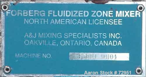 USED: Forsberg fluidized zone mixer, model F500XE, stainless steel.17.7 cu ft batch capacity. Chamber 46"L-R x 53-1/2"F-B. Twin shaftcounter-rotating overlapping paddles. 2 side access doors, twinBom...