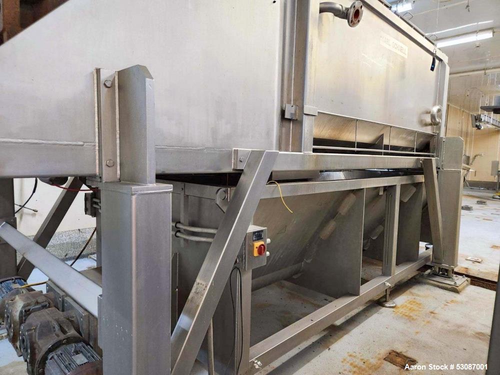 Used Karl Schnell Paddle Mixer, Stainless Steel. Approximately 140 cubic feet, 4000 Liter capacity. Has stainless steel feed hopper with dual screw conveyors, driven by (2) Approximate 5.4HP drive ge...