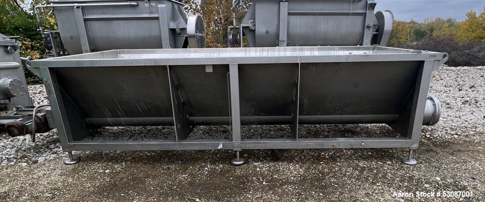 Used Karl Schnell Paddle Mixer, Stainless Steel. Approximately 140 cubic feet, 4000 Liter capacity. Has stainless steel feed hopper with dual screw conveyors, driven by (2) Approximate 5.4HP drive ge...