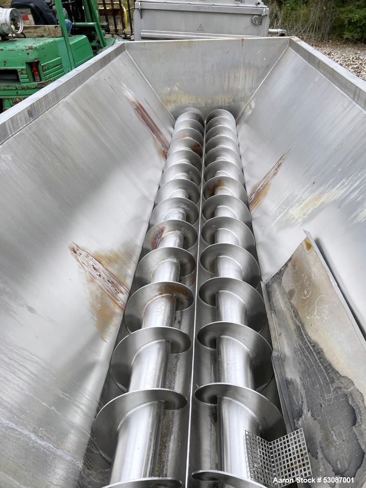 Used Karl Schnell Paddle Mixer, Stainless Steel. Approximately 140 cubic feet, 4000 Liter capacity. Has stainless steel feed hopper with dual screw conveyors, driven by (2) Approximate 5.4HP drive ge...