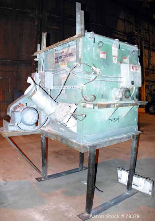 USED: Kelly Duplex single shaft horizontal paddle mixer, model 3604HM. 36 cubic foot working capacity, carbon steel. Non-jacketed trough 36" wide x 48" long x 42" deep, (1) 3" shaft with 4 bolt-on pl...