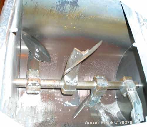 USED: Kelly Duplex single shaft horizontal paddle mixer, model 3604HM. 36 cubic foot working capacity, carbon steel. Non-jacketed trough 36" wide x 48" long x 42" deep, (1) 3" shaft with 4 bolt-on pl...