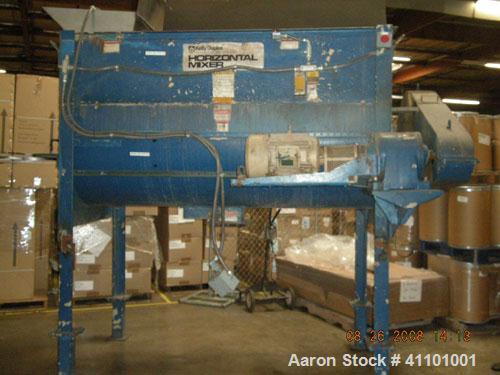 Used Kelly Duplex Horizontal Mixer. Approximately 100 cubic foot capacity, approximately 85 rpm. Dimensions: 96.25" long x 42" wide x 52.5" top of vessel to bottom of vessel, 7" x 7" discharge in cen...
