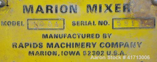 Used Marion Paddle Mixer, Model 1001, 1.5 cubic foot working capacity. 304 stainless steel clad; carbon steel outside. Non-jacketed trough 12" wide x 24" long x approximately 16" deep. 1-1/4" diamete...