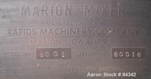 Used Marion Paddle Mixer, Model 6001. 3.5 cubic feet working capacity (5 total), 304 stainless steel. Non-jacketed trough 18" wide x 24" long x approximately 21" deep, 2" diameter shaft with (4) weld...