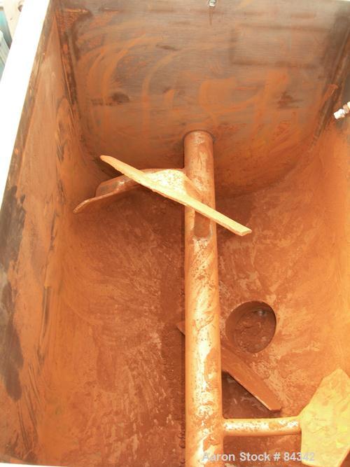 Used Marion Paddle Mixer, Model 6001. 3.5 cubic feet working capacity (5 total), 304 stainless steel. Non-jacketed trough 18" wide x 24" long x approximately 21" deep, 2" diameter shaft with (4) weld...