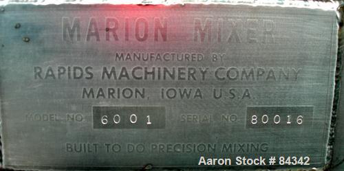 Used- Marion Paddle Mixer, Model 6001. 3.5 cubic feet working capacity (5 total), 304 stainless steel. Non-jacketed trough 1...