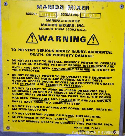 Used Marion Paddle Mixer, Model SPS1824, 3.5 Cubic Foot Working Capacity (5 Total), 304 Stainless Steel. Non-jacketed trough 18” wide x 24” long x approximately 22” deep. 2-1/4” Diameter shaft with (...