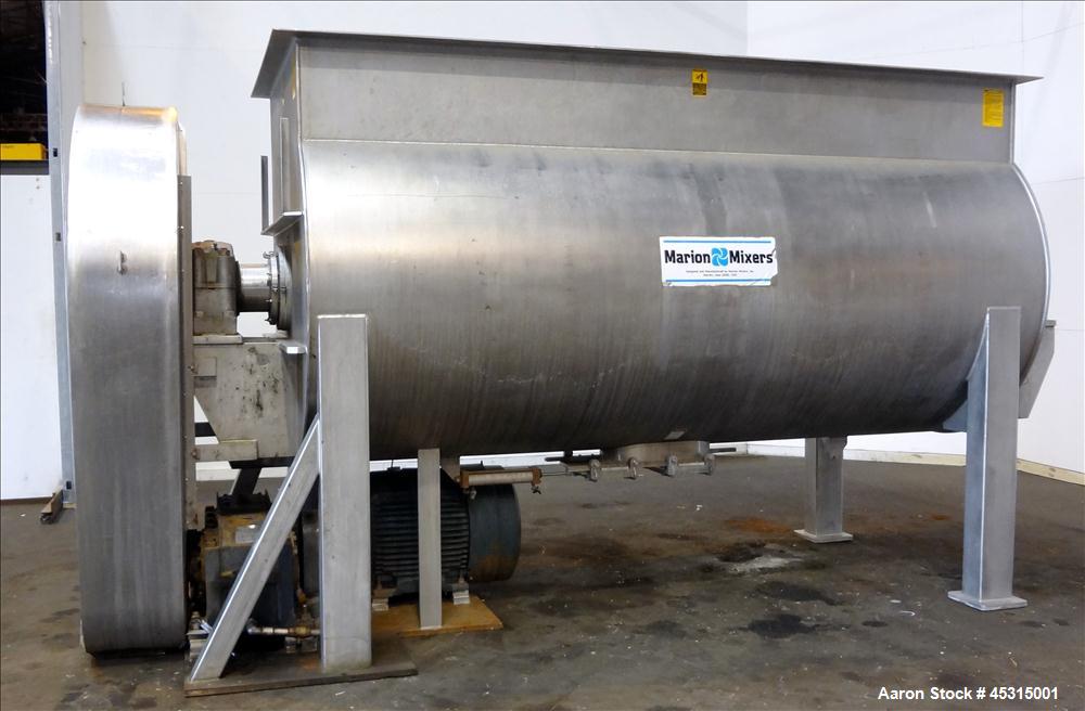 Used Marion Semi-Cylindrical Paddle Mixer, approximately 300 cubic feet working capacity, 304 stainless steel. Non-jacketed trough 55-1/2" wide at top opening to approximately 66" wide inside x 144" ...