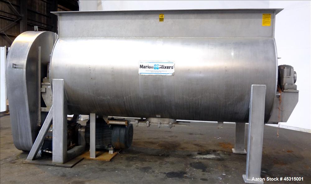 Used Marion Semi-Cylindrical Paddle Mixer, approximately 300 cubic feet working capacity, 304 stainless steel. Non-jacketed trough 55-1/2" wide at top opening to approximately 66" wide inside x 144" ...