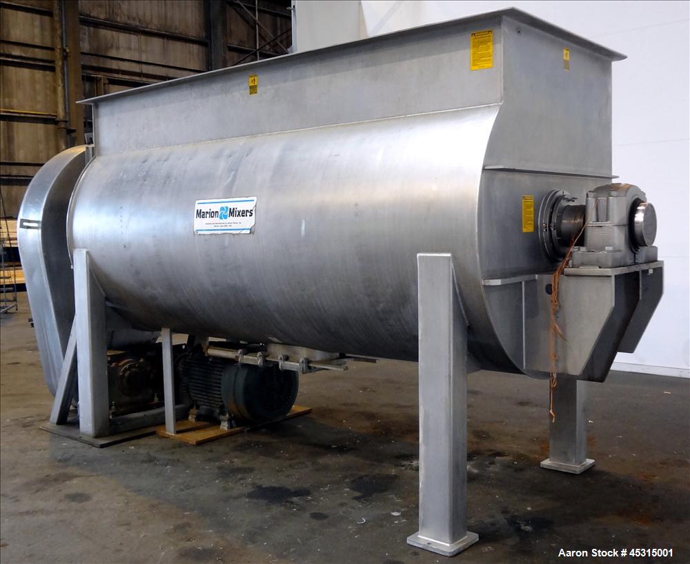 Used Marion Semi-Cylindrical Paddle Mixer, approximately 300 cubic feet working capacity, 304 stainless steel. Non-jacketed trough 55-1/2" wide at top opening to approximately 66" wide inside x 144" ...