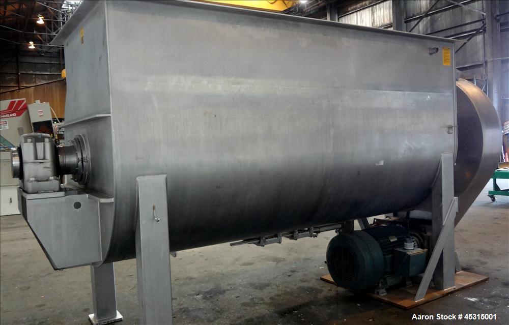 Used Marion Semi-Cylindrical Paddle Mixer, approximately 300 cubic feet working capacity, 304 stainless steel. Non-jacketed trough 55-1/2" wide at top opening to approximately 66" wide inside x 144" ...