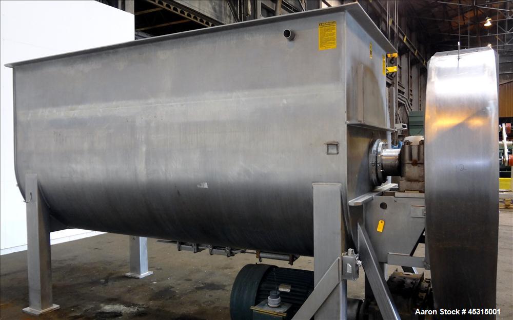 Used Marion Semi-Cylindrical Paddle Mixer, approximately 300 cubic feet working capacity, 304 stainless steel. Non-jacketed trough 55-1/2" wide at top opening to approximately 66" wide inside x 144" ...