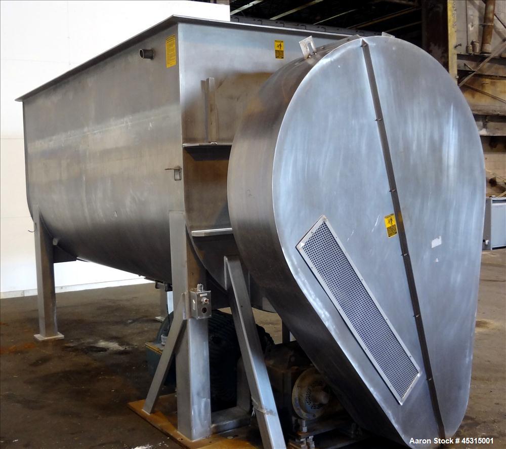 Used Marion Semi-Cylindrical Paddle Mixer, approximately 300 cubic feet working capacity, 304 stainless steel. Non-jacketed trough 55-1/2" wide at top opening to approximately 66" wide inside x 144" ...