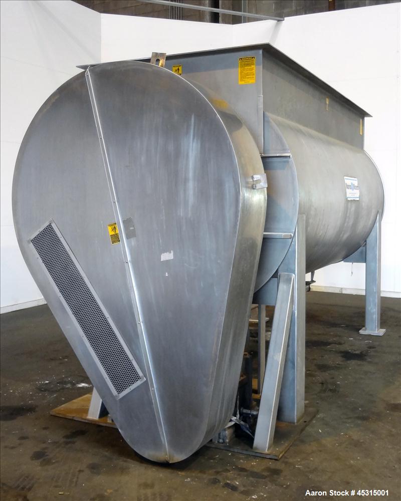 Used Marion Semi-Cylindrical Paddle Mixer, approximately 300 cubic feet working capacity, 304 stainless steel. Non-jacketed trough 55-1/2" wide at top opening to approximately 66" wide inside x 144" ...